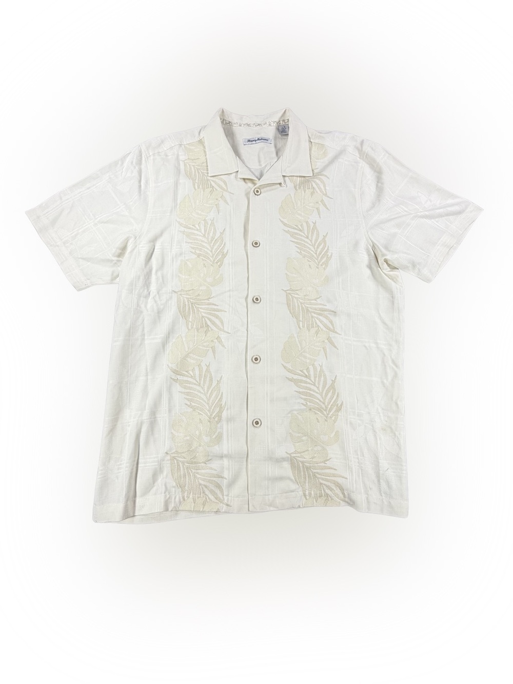 Men’s Tommy Bahama Cream-Accented White Embroidered Camp Hawaiian Shirt Size L